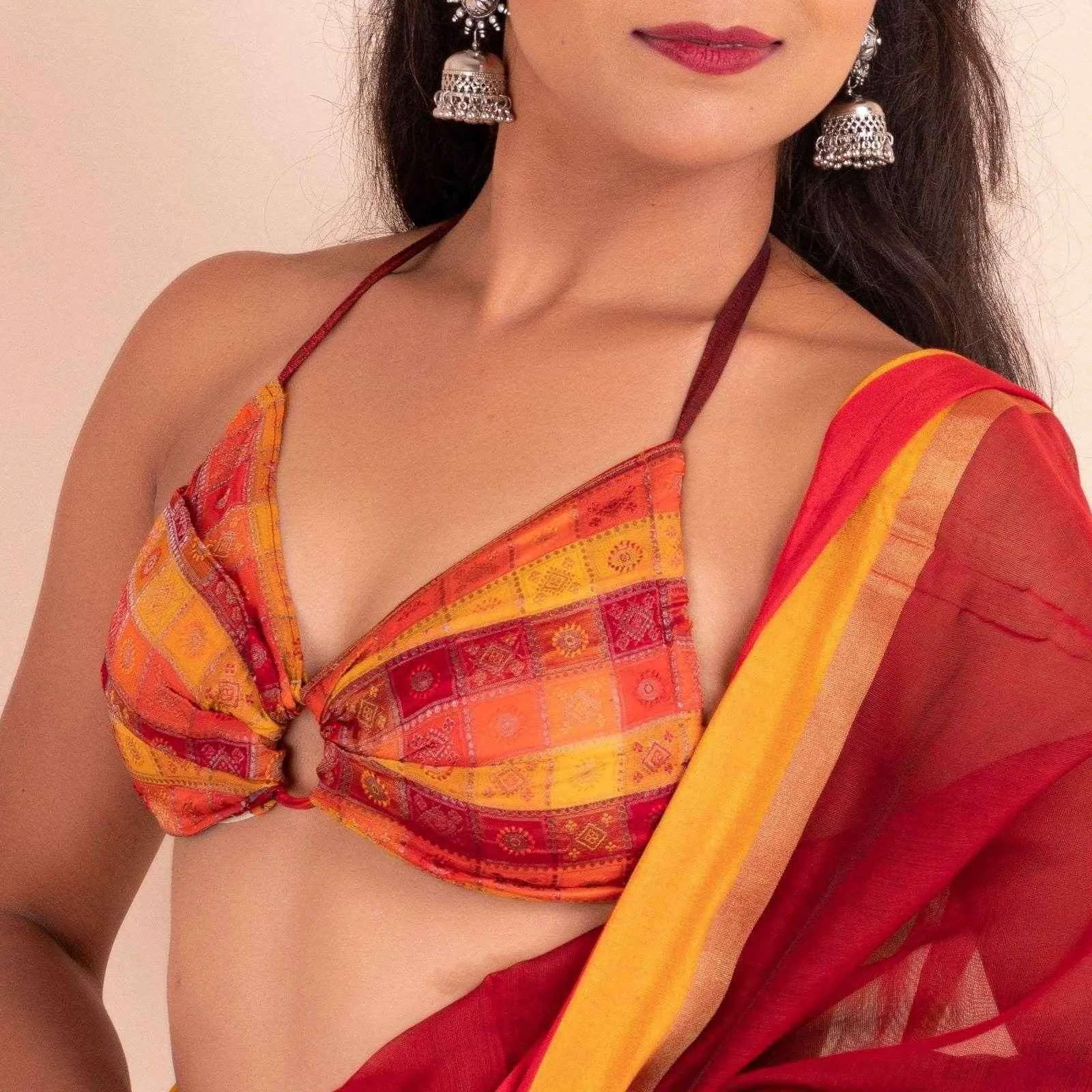 Designer Multicolor Brocade Halter Backless Blouse - Non Padded