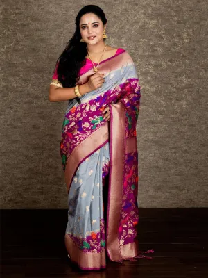 Elegant Grey Allover Organza Silk Saree