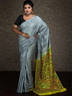 Elegant Grey Hand Painted Madhubani Ghicha Silk Saree