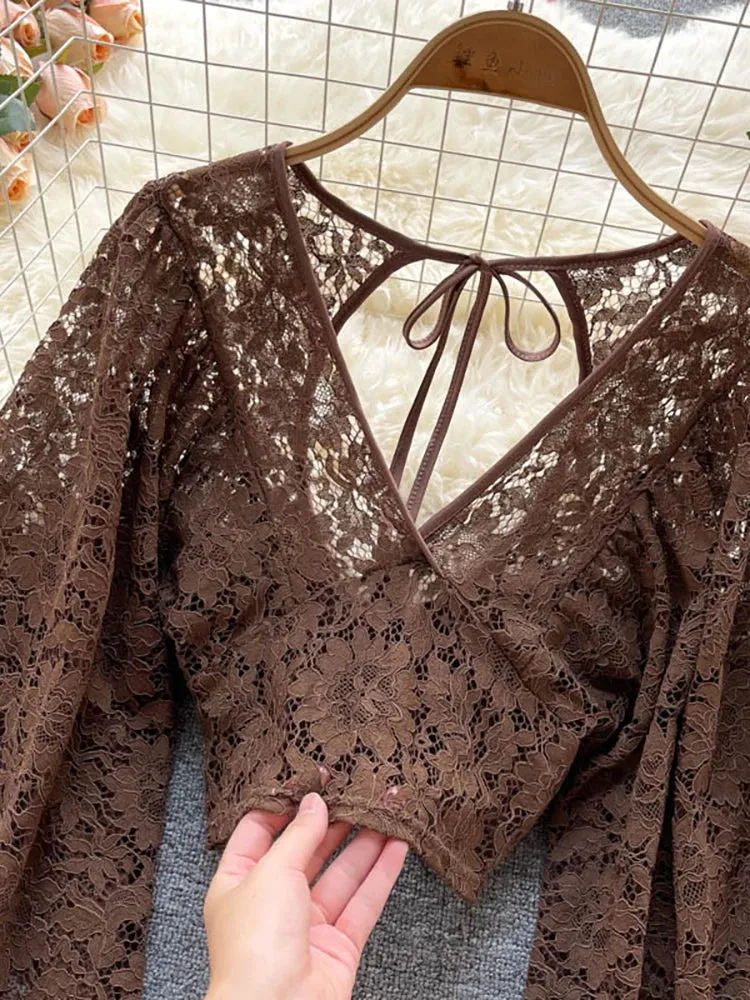 Elegant Lace V-Neck Blouse for Women – Sexy Puff Sleeve, Open Back Short Top, Autumn Party Blusas