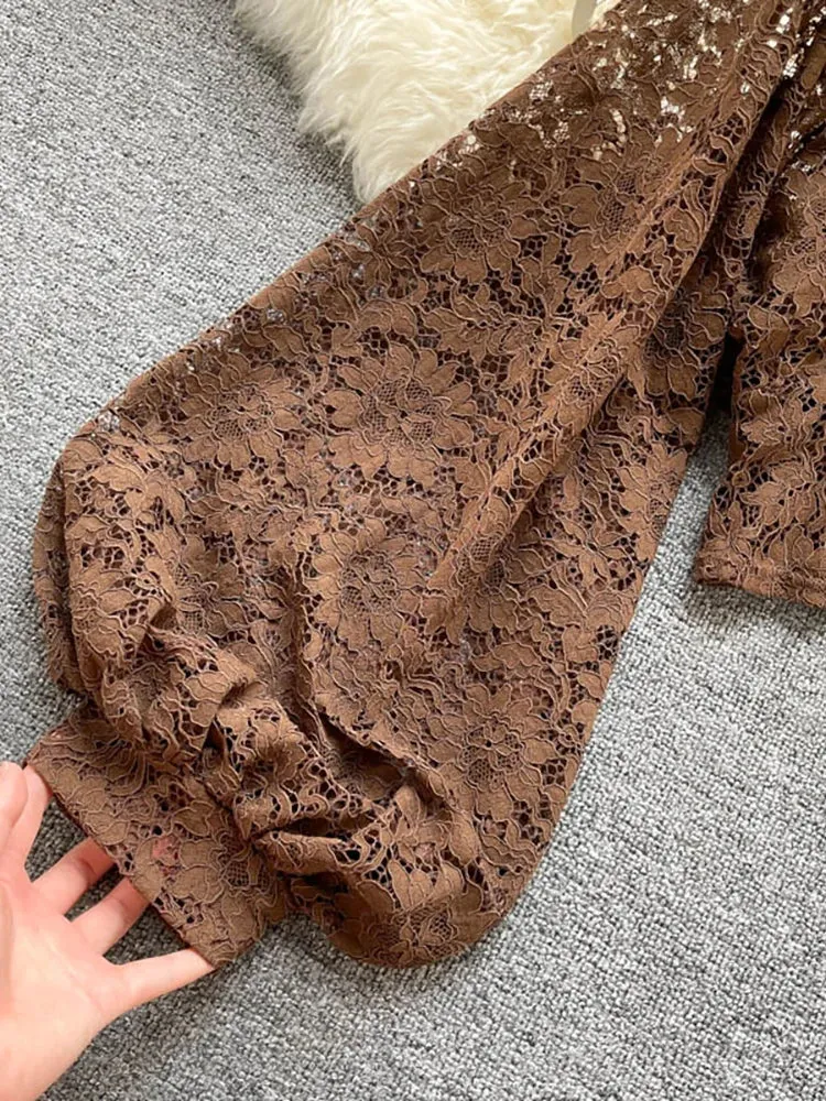 Elegant Lace V-Neck Blouse for Women – Sexy Puff Sleeve, Open Back Short Top, Autumn Party Blusas