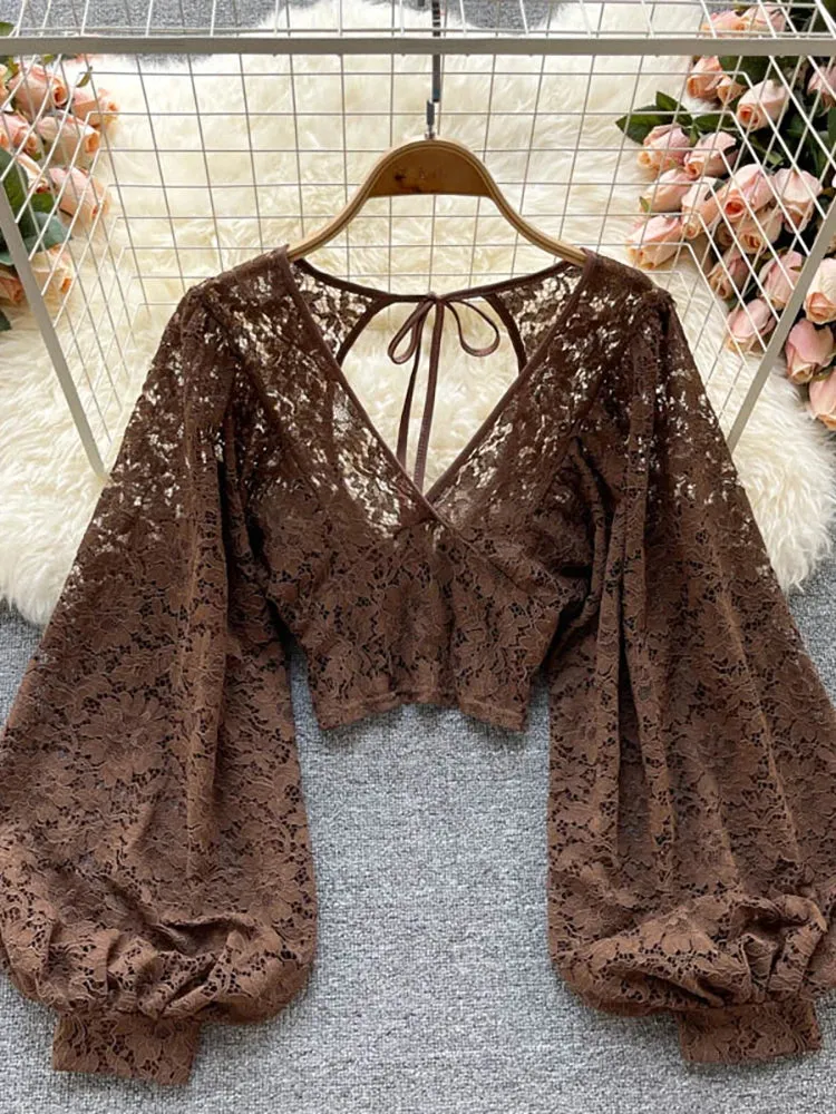 Elegant Lace V-Neck Blouse for Women – Sexy Puff Sleeve, Open Back Short Top, Autumn Party Blusas
