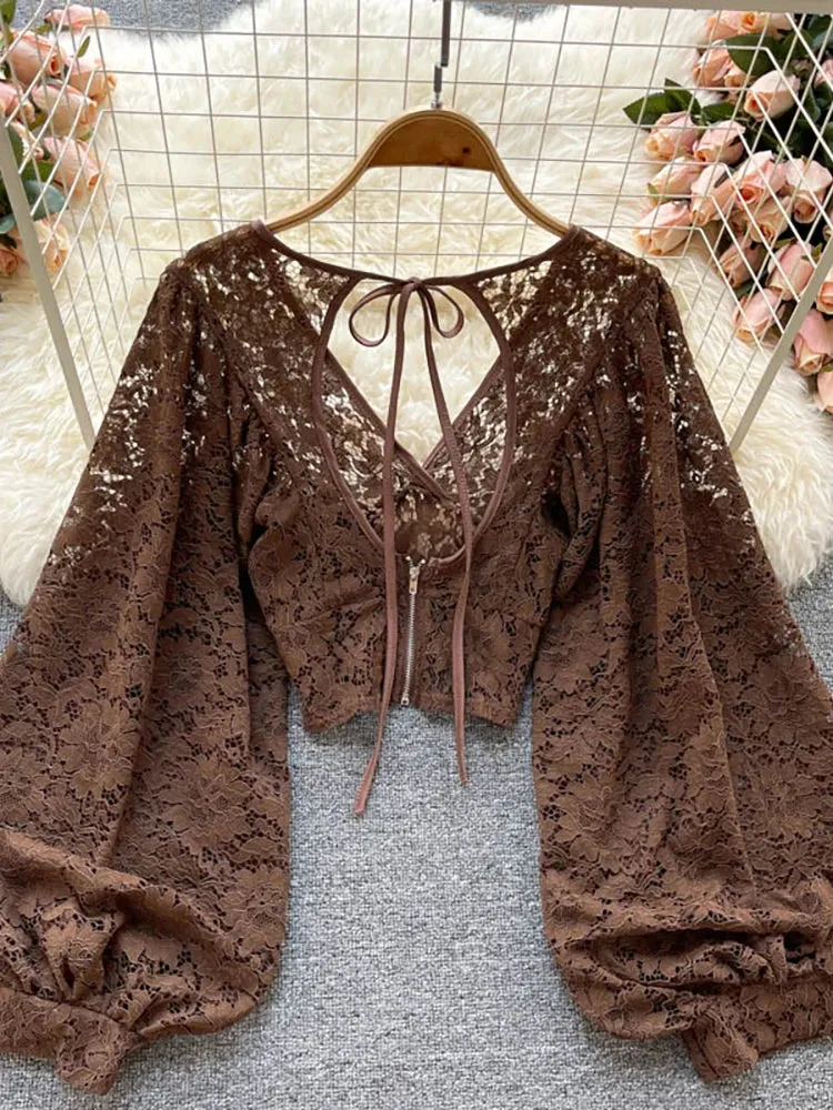 Elegant Lace V-Neck Blouse for Women – Sexy Puff Sleeve, Open Back Short Top, Autumn Party Blusas