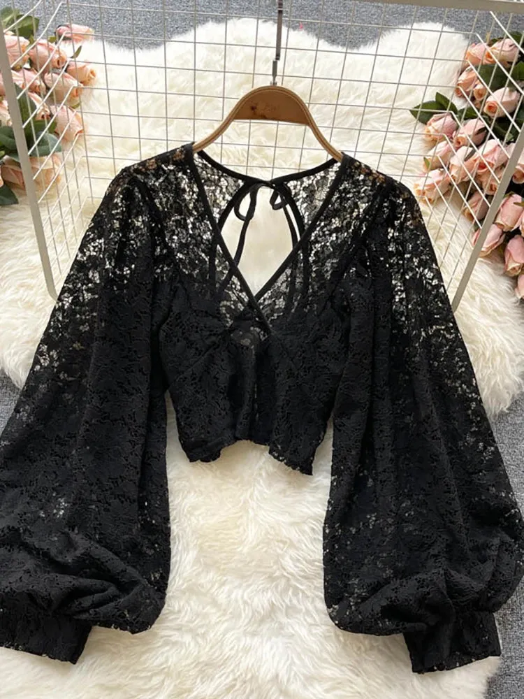 Elegant Lace V-Neck Blouse for Women – Sexy Puff Sleeve, Open Back Short Top, Autumn Party Blusas