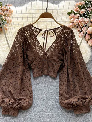 Elegant Lace V-Neck Blouse for Women – Sexy Puff Sleeve, Open Back Short Top, Autumn Party Blusas