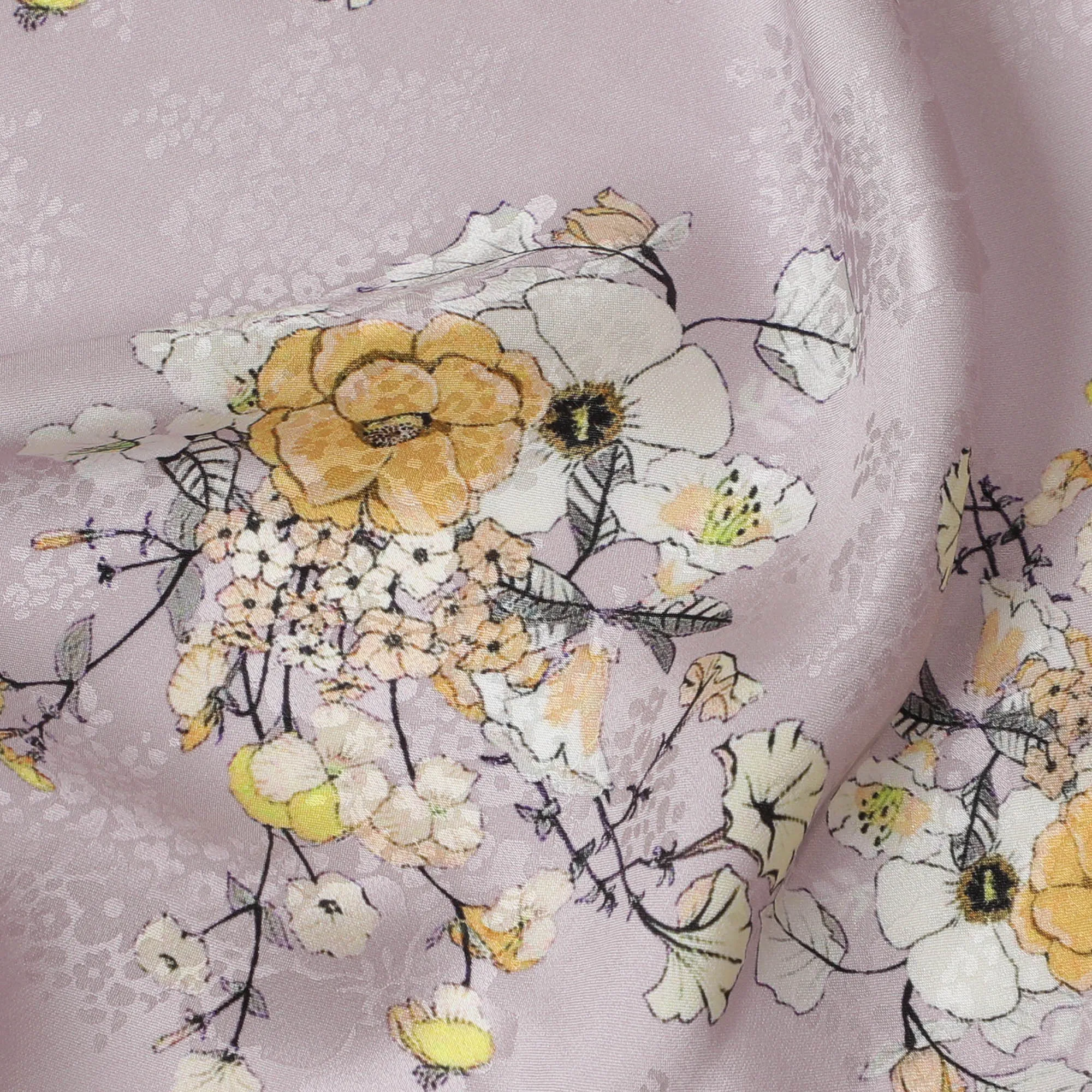 Elegant Lavender Silk Crepe Fabric with Floral Print, 110 cm Width -Last Piece-D19356(1.7Mtrs Piece)