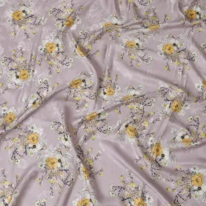 Elegant Lavender Silk Crepe Fabric with Floral Print, 110 cm Width -Last Piece-D19356(1.7Mtrs Piece)