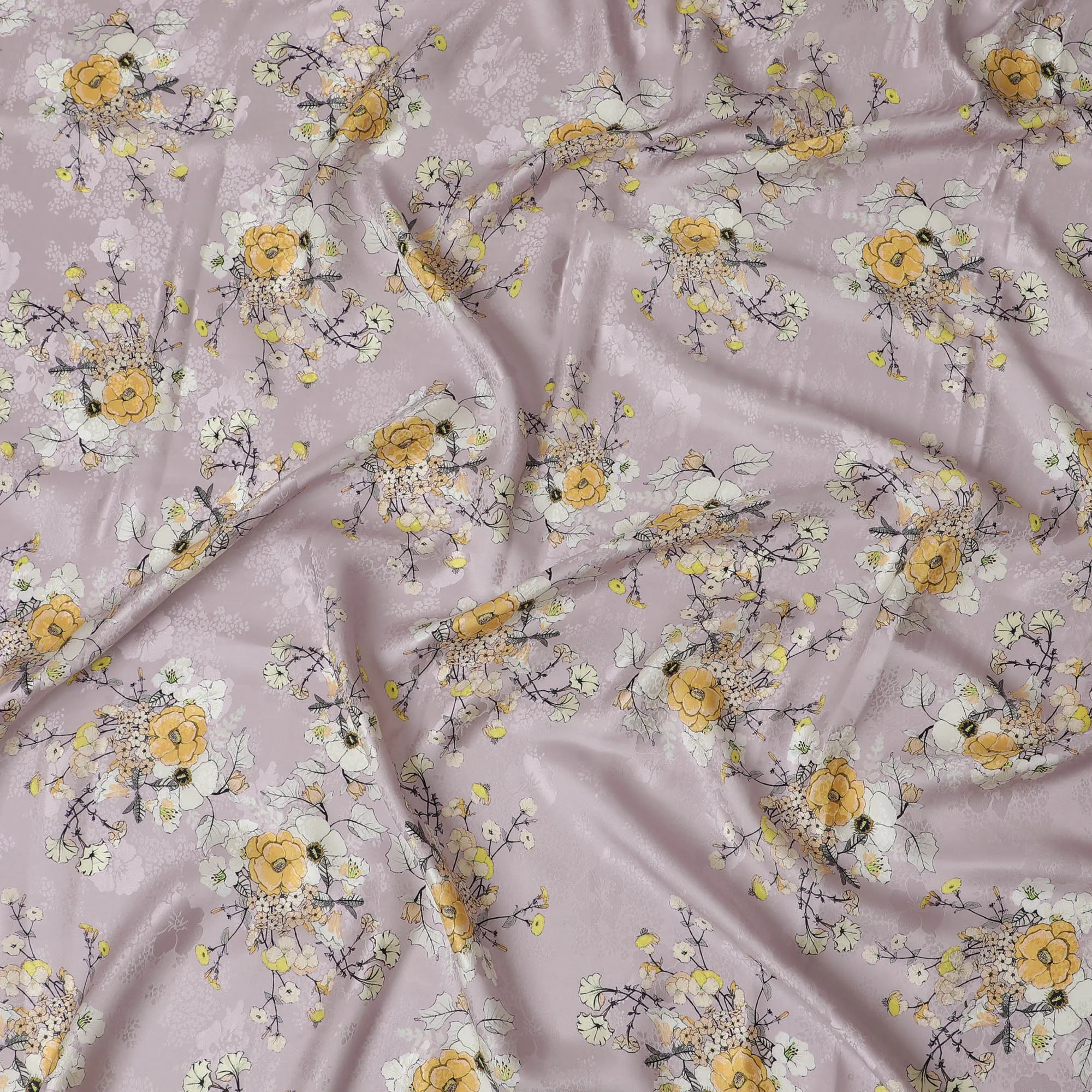 Elegant Lavender Silk Crepe Fabric with Floral Print, 110 cm Width -Last Piece-D19356(1.7Mtrs Piece)