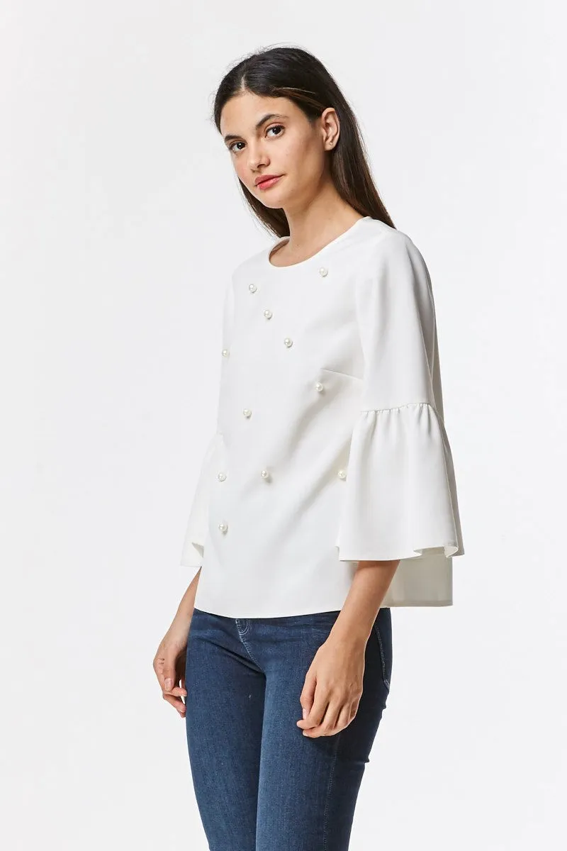 Elegant Pearl White Bell Sleeve Blouse