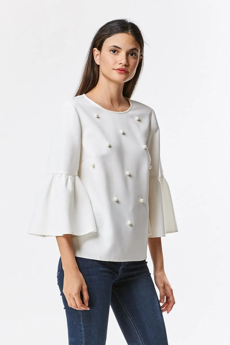 Elegant Pearl White Bell Sleeve Blouse
