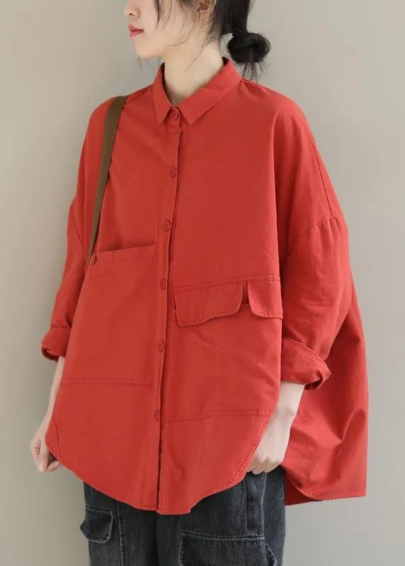 Elegant Red Blouse Lapel Asymmetric Short Shirt Top
