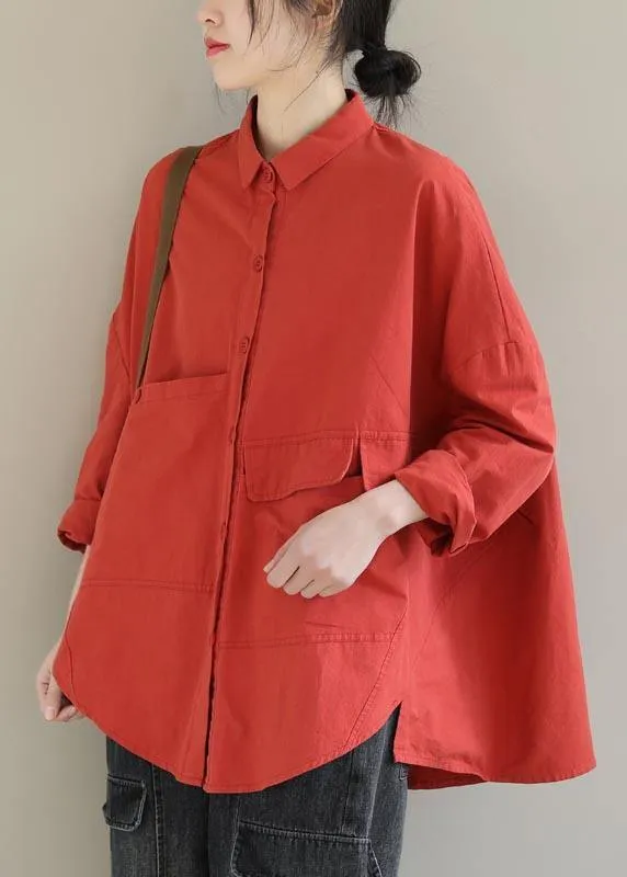 Elegant Red Blouse Lapel Asymmetric Short Shirt Top