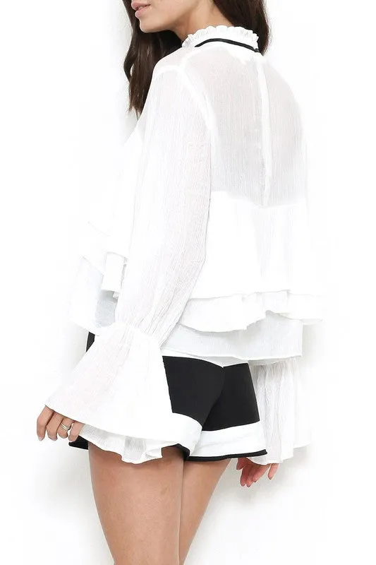 Elegant Ruffle White Long Sleeve Blouse