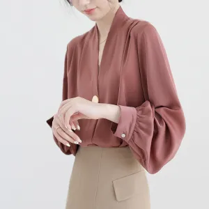 Elegant V Neck Satin Draped Slim Blouse