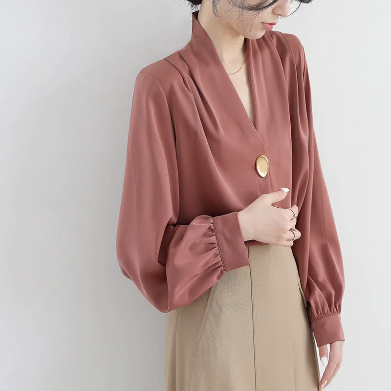 Elegant V Neck Satin Draped Slim Blouse