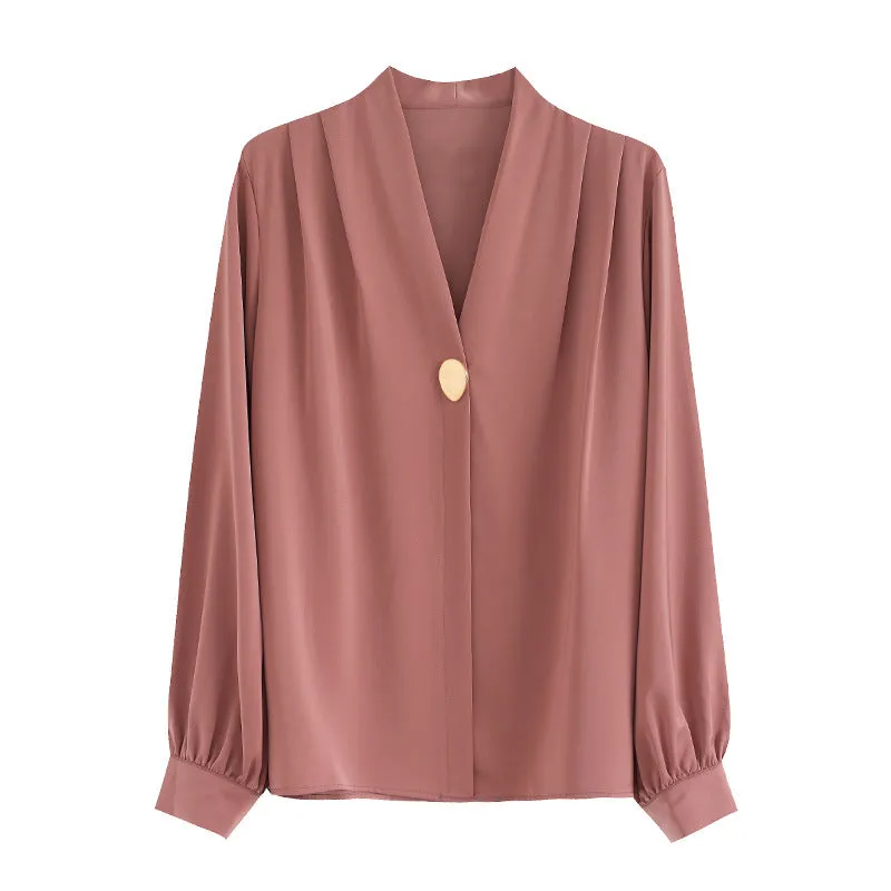 Elegant V Neck Satin Draped Slim Blouse