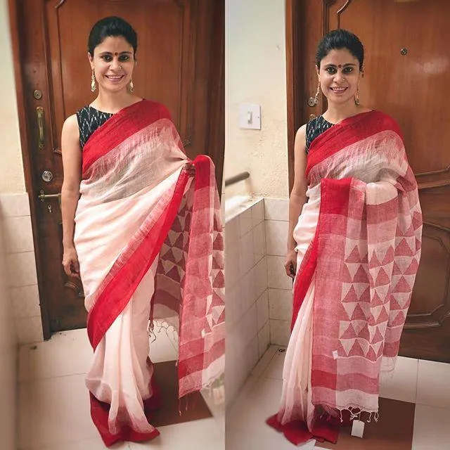 Elegant White and Red colored Partywear Linen Designer Printed Saree