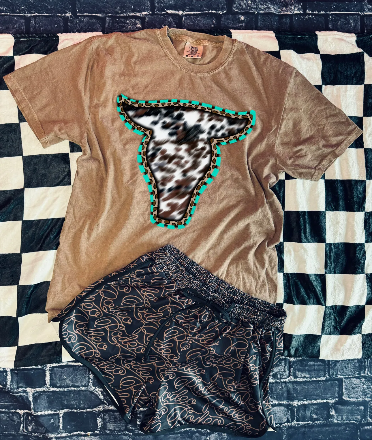 Espresso comfort colors cowhide bullskull graphic tee // rodeo athletic shorts available separately