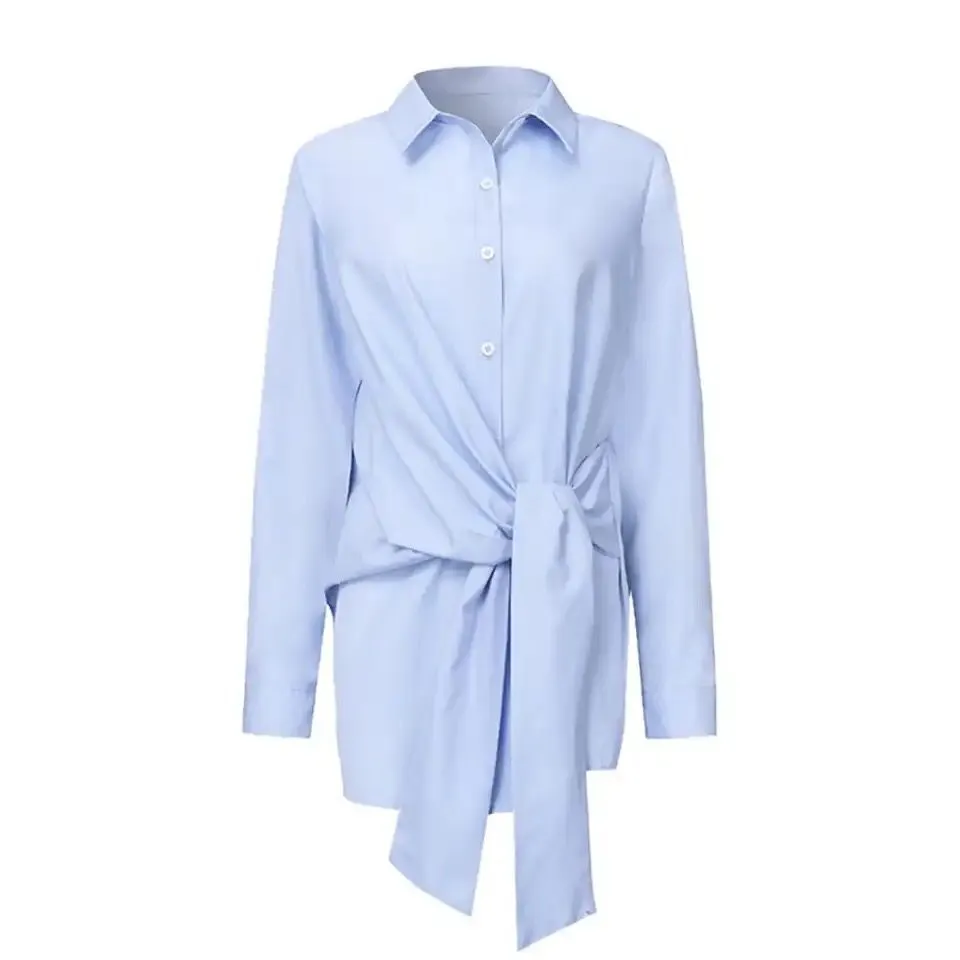Fashion Women Shirt Blouse Long Sleeve Ruched Solid Color Tie Front Blouse for Office Ladies Elegant Autumn Sky Blue Shirt S2174384
