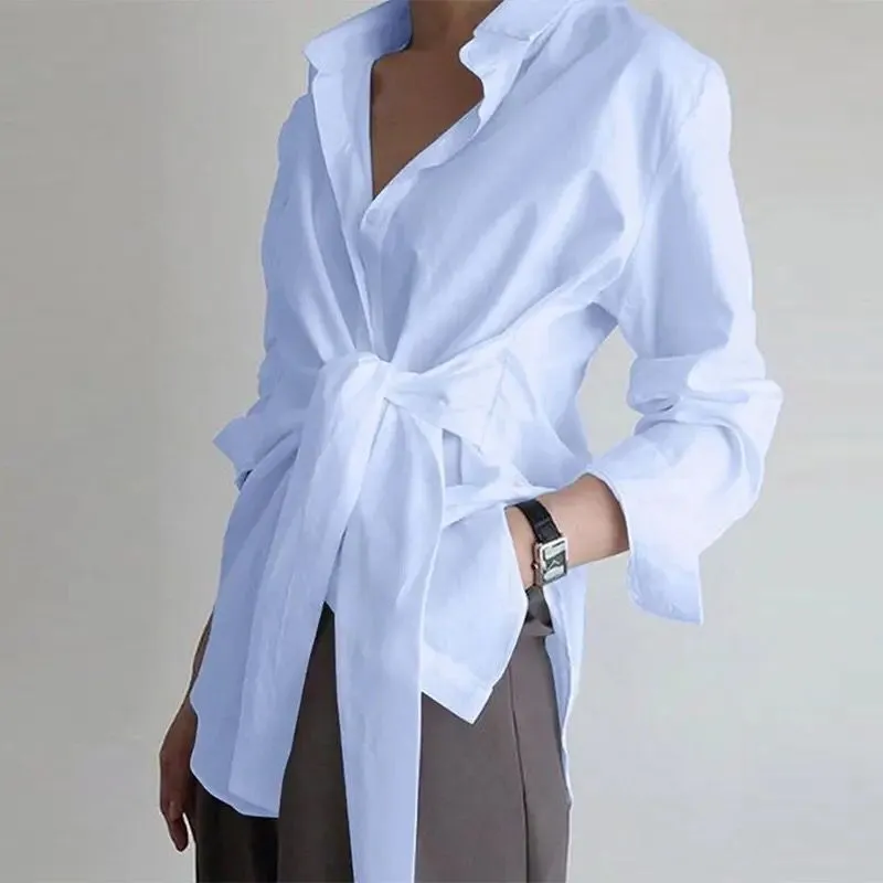 Fashion Women Shirt Blouse Long Sleeve Ruched Solid Color Tie Front Blouse for Office Ladies Elegant Autumn Sky Blue Shirt S2174384