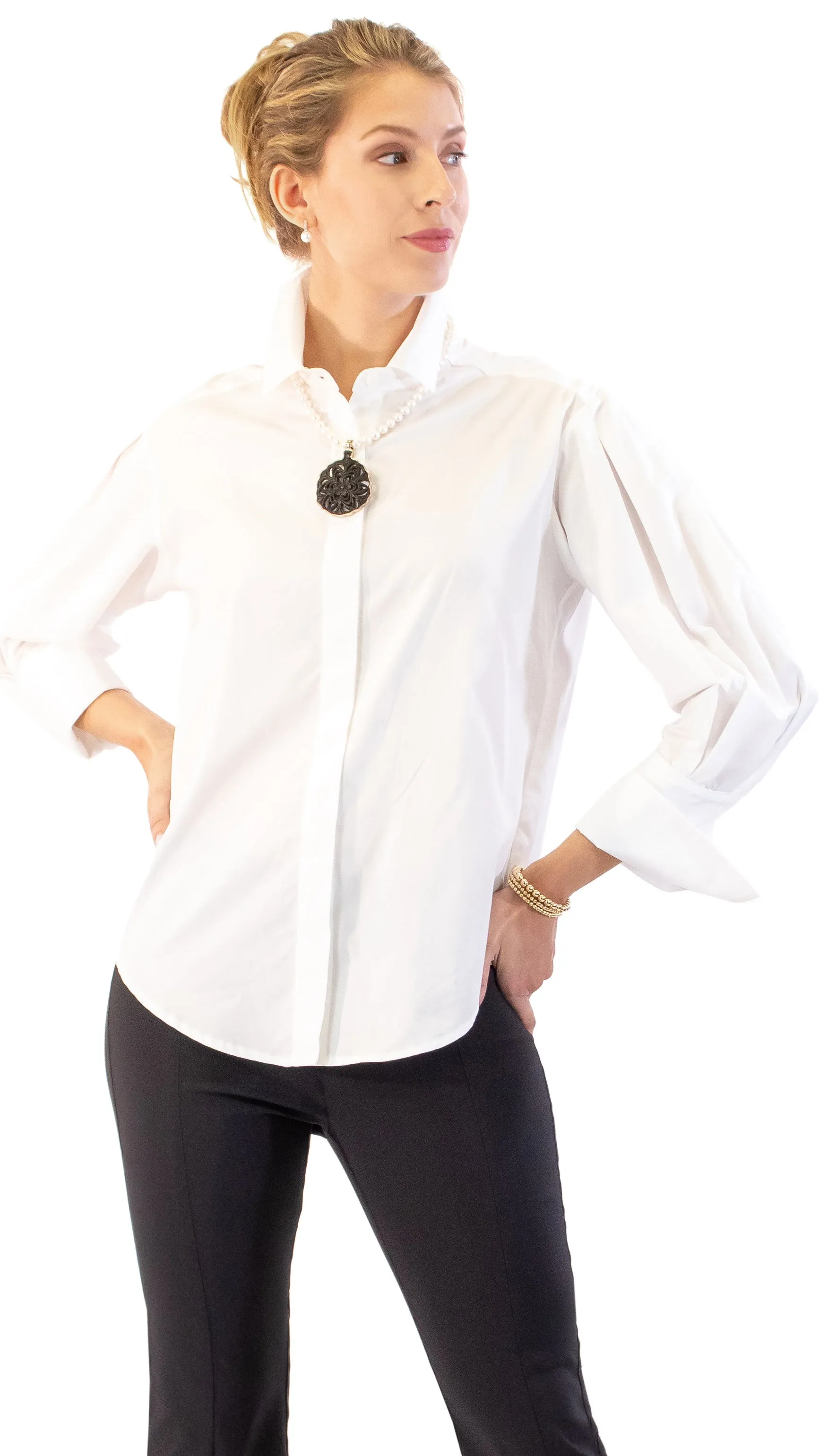 French Cuff White Blouse- White