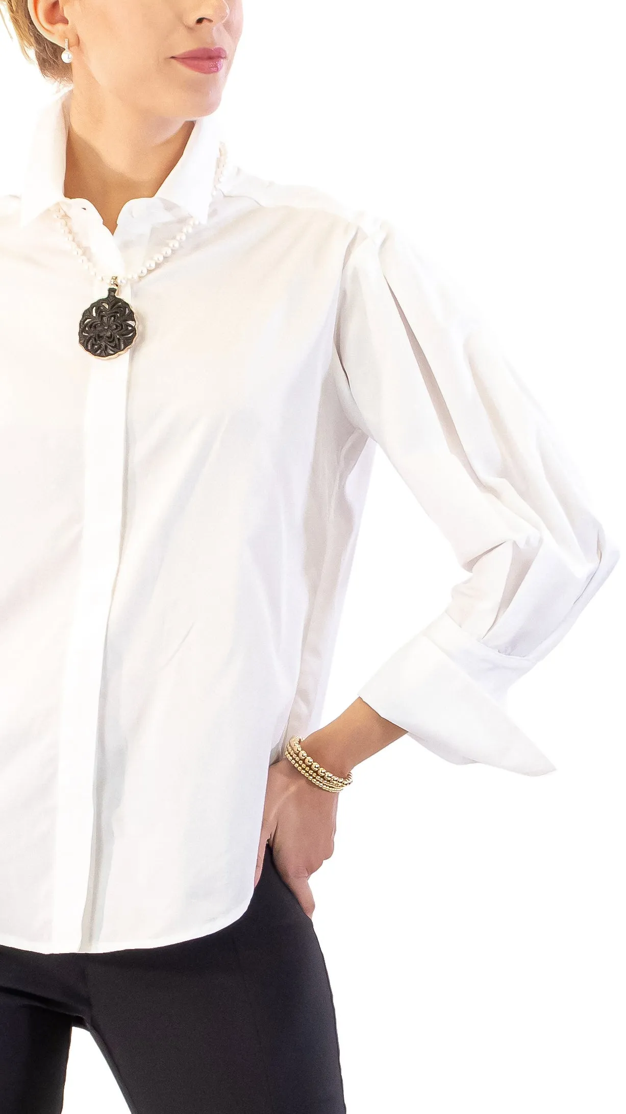 French Cuff White Blouse- White