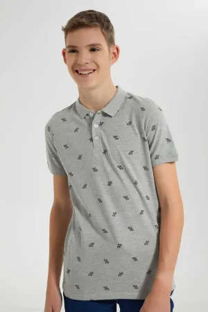 Grey Mélange All-Over Print Polo Shirt