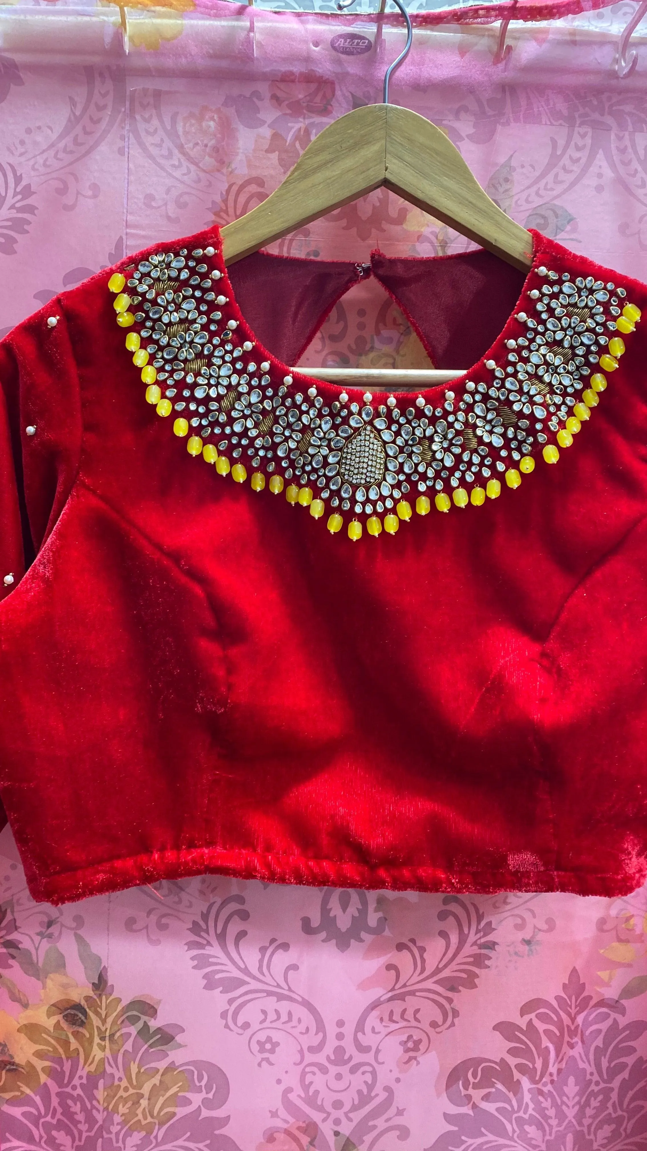 Hand worked Red velvet jewel neck Blouse