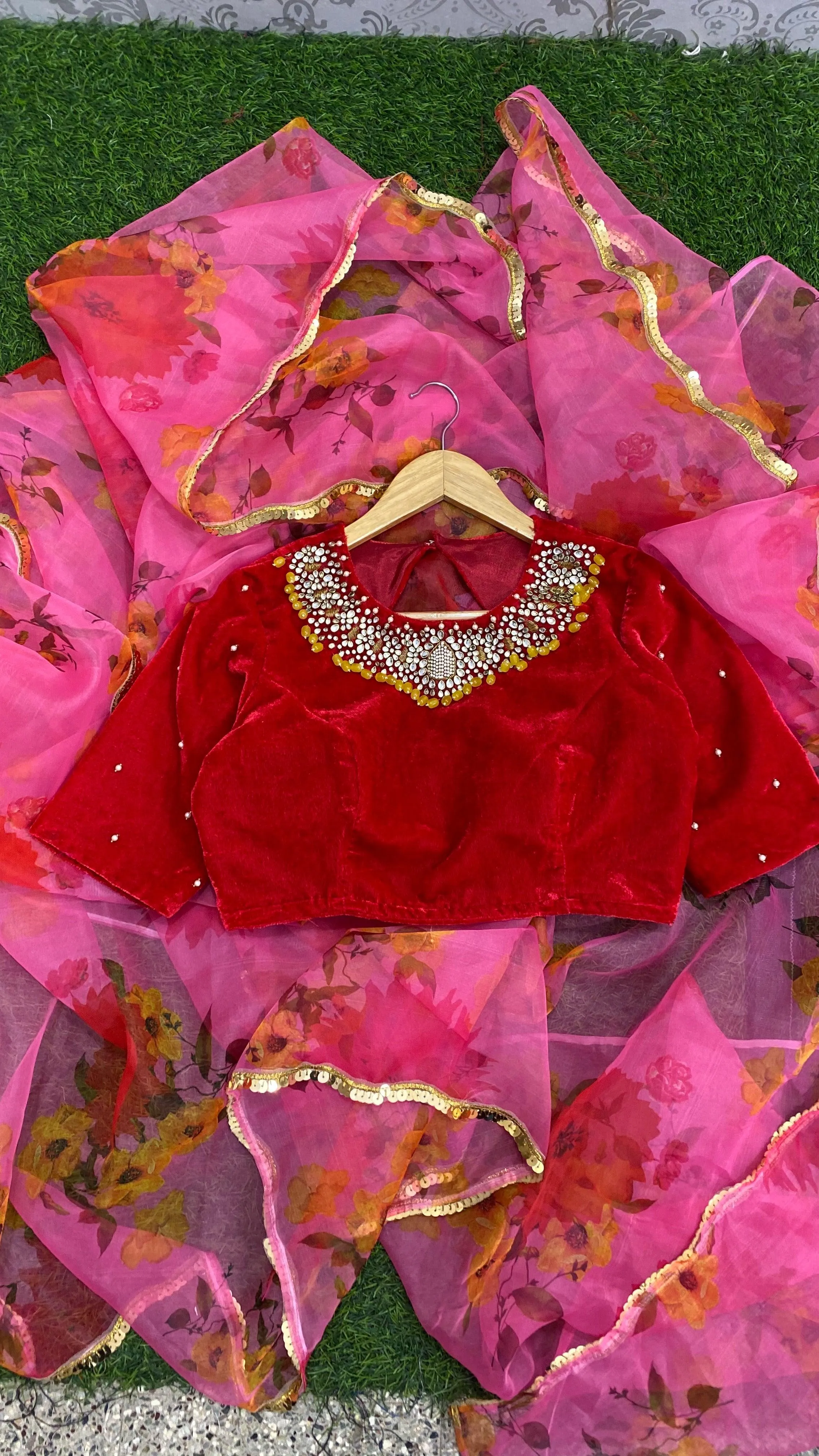Hand worked Red velvet jewel neck Blouse