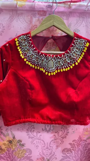 Hand worked Red velvet jewel neck Blouse