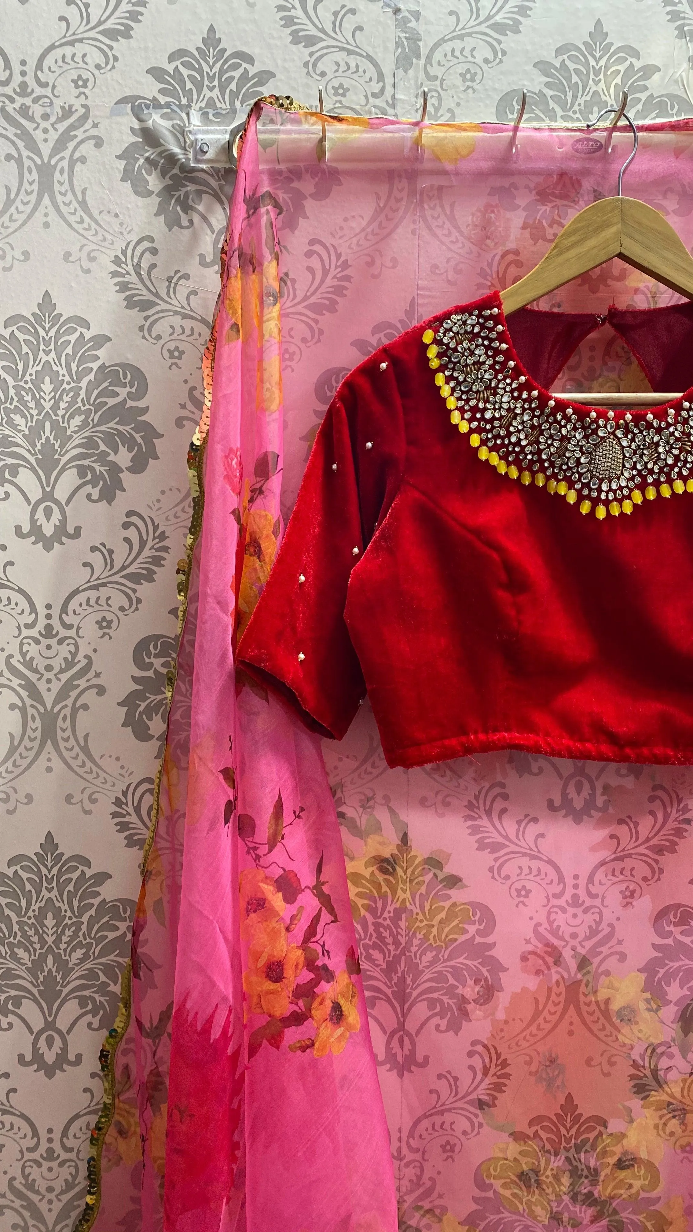Hand worked Red velvet jewel neck Blouse