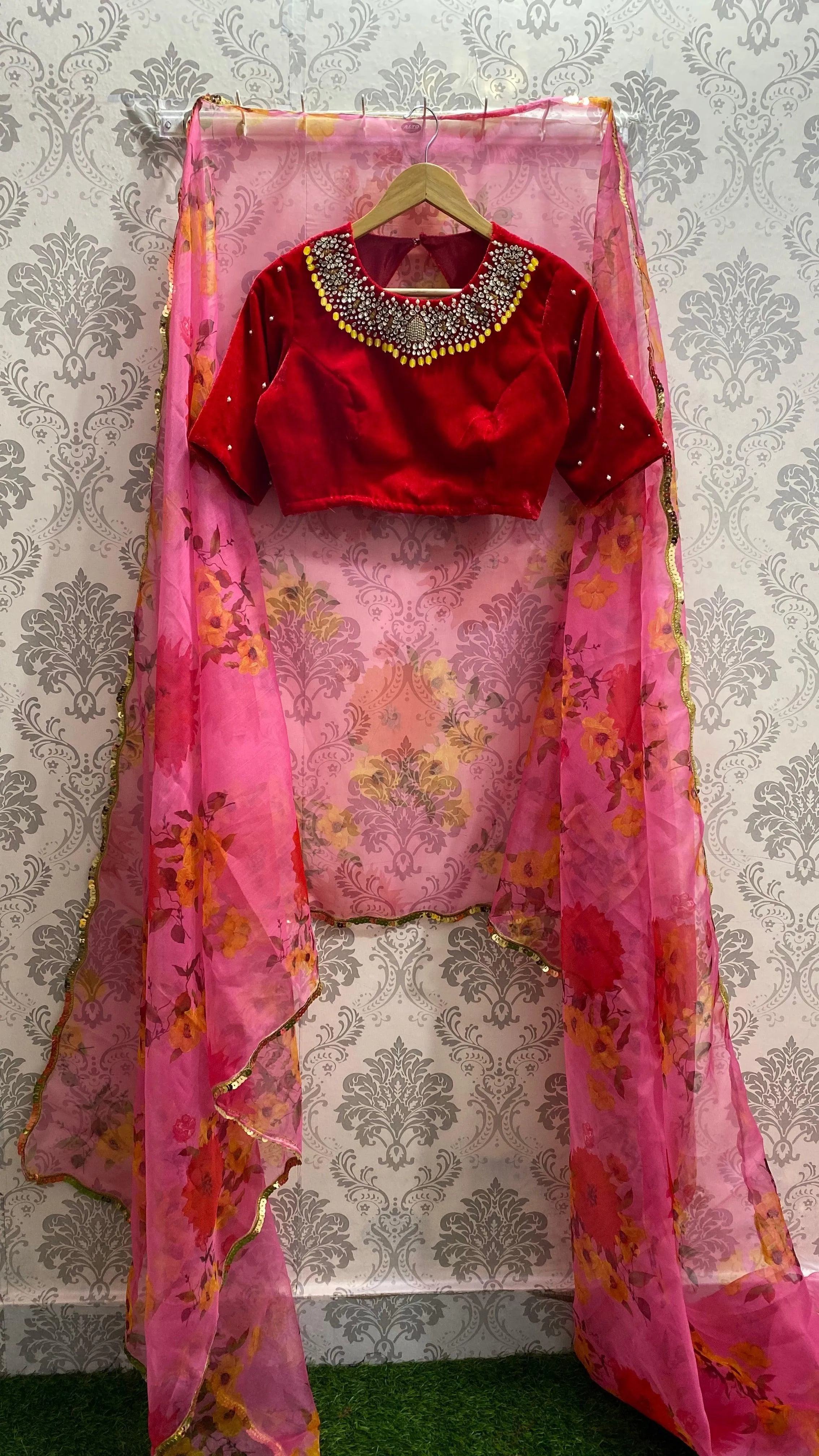 Hand worked Red velvet jewel neck Blouse