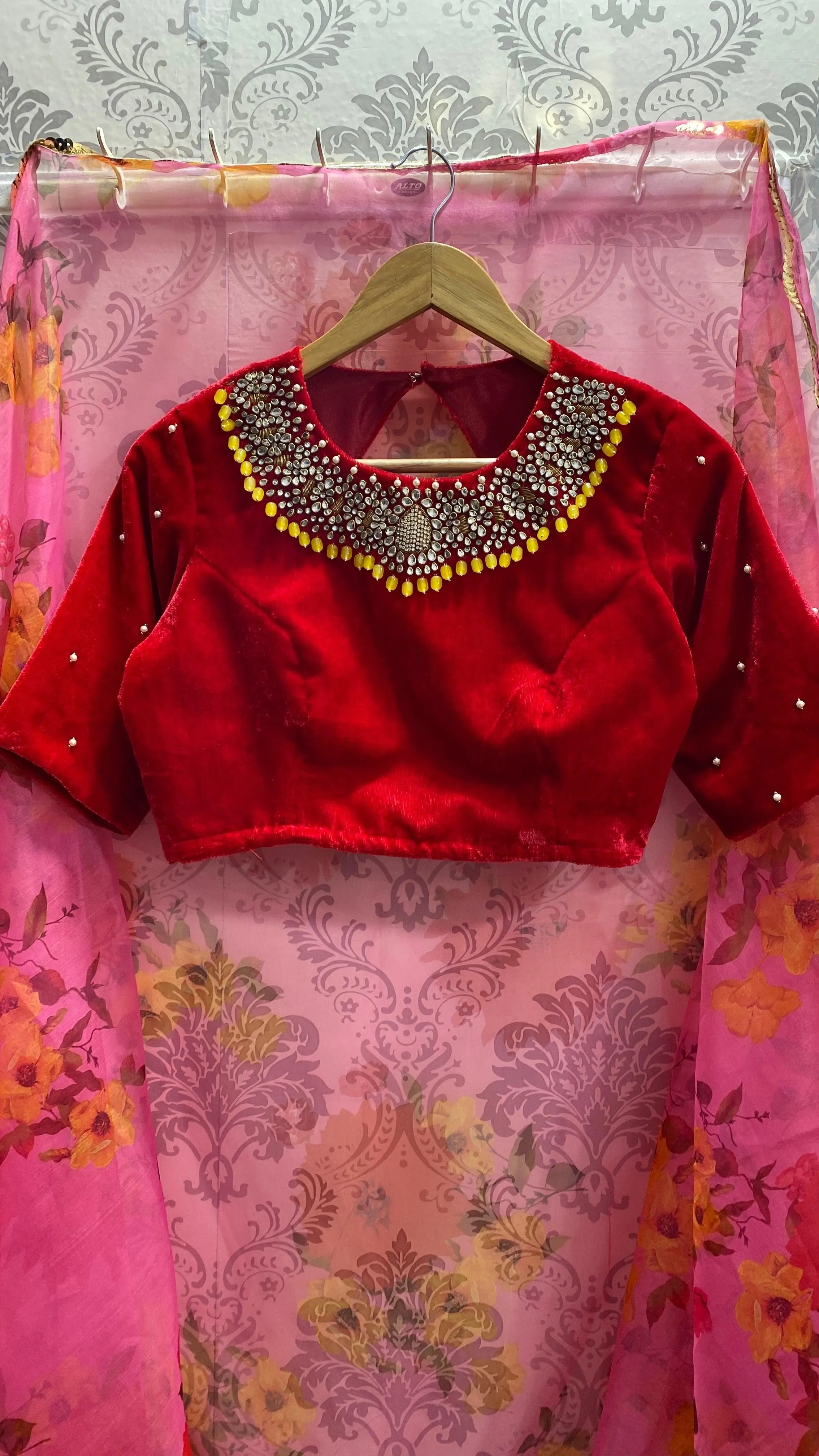 Hand worked Red velvet jewel neck Blouse