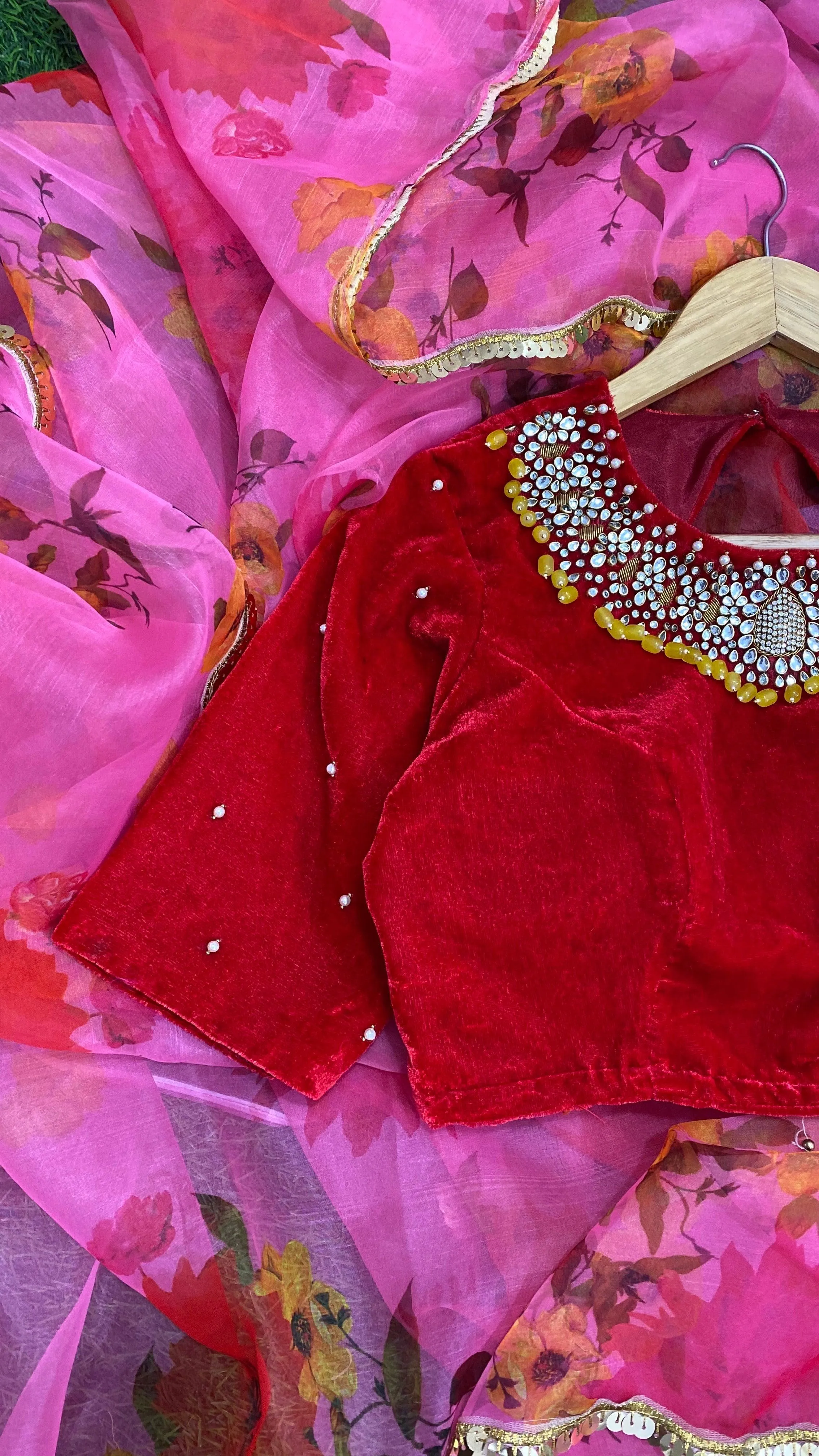 Hand worked Red velvet jewel neck Blouse