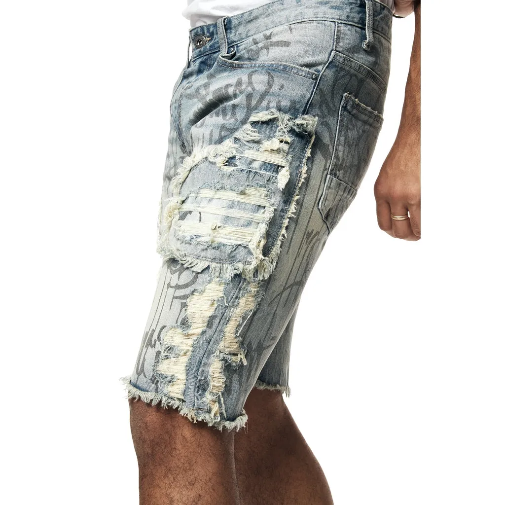 Heavy Rip & Repair Doodle Jean Shorts - Julien Blue