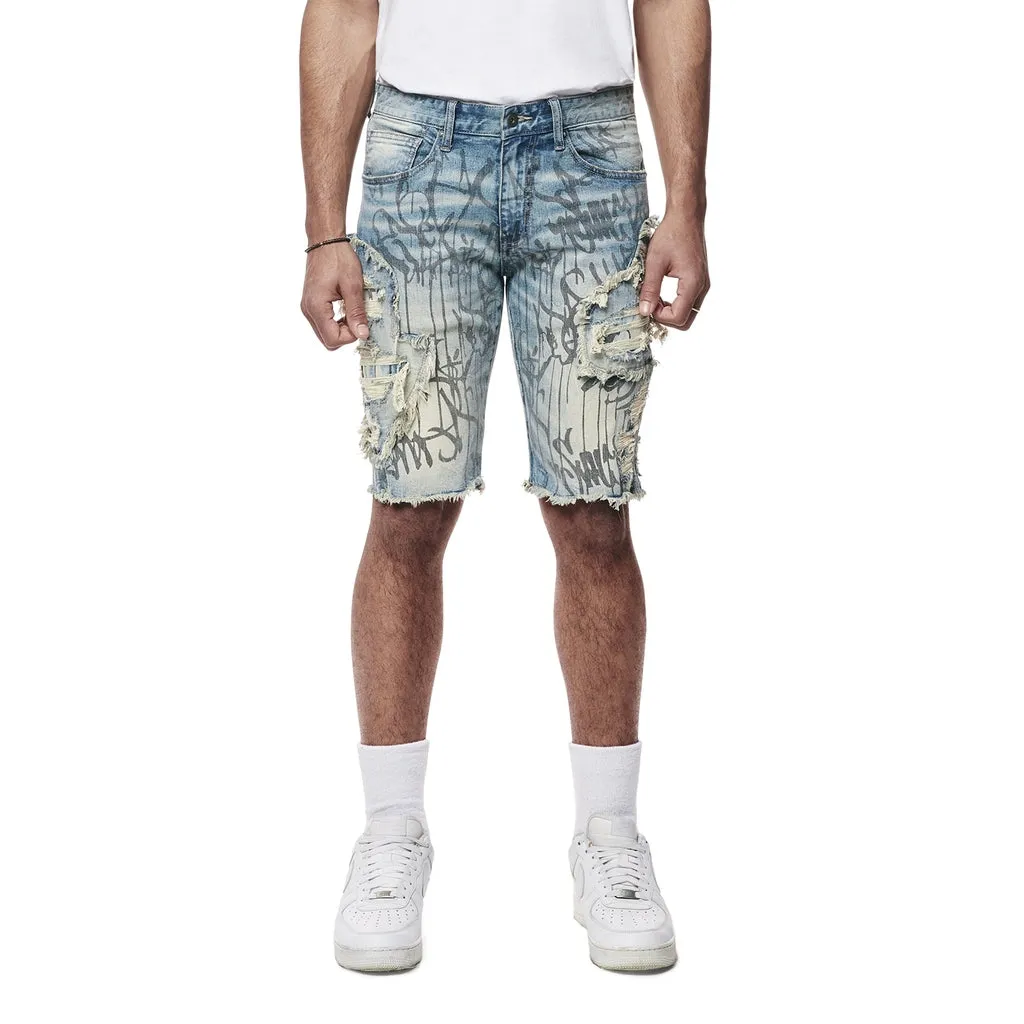 Heavy Rip & Repair Doodle Jean Shorts - Julien Blue