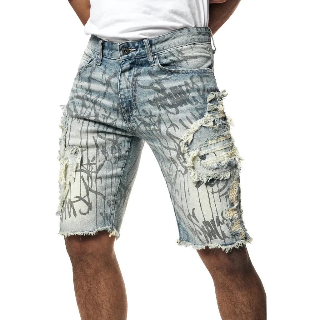 Heavy Rip & Repair Doodle Jean Shorts - Julien Blue