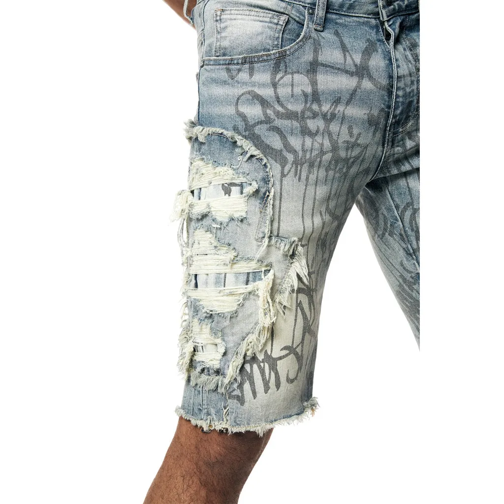 Heavy Rip & Repair Doodle Jean Shorts - Julien Blue