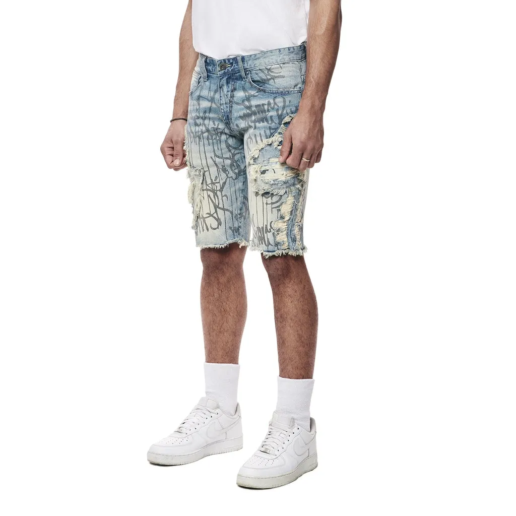 Heavy Rip & Repair Doodle Jean Shorts - Julien Blue