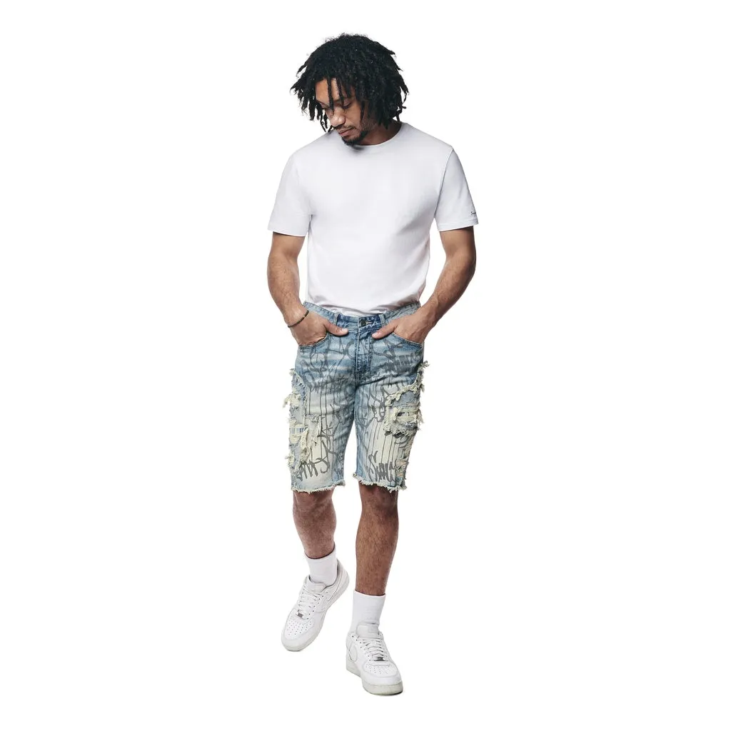 Heavy Rip & Repair Doodle Jean Shorts - Julien Blue