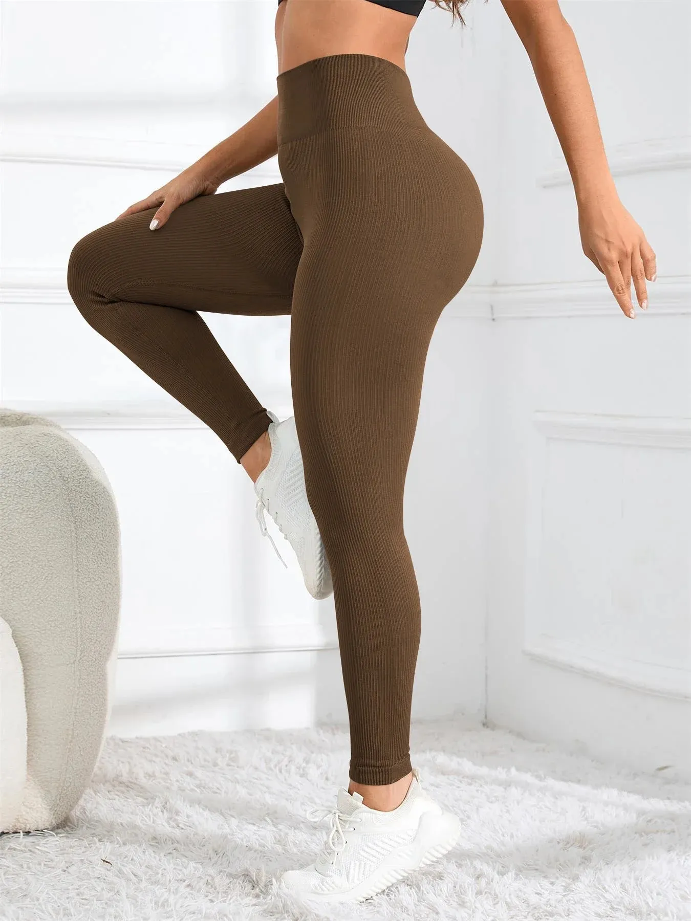 High Waisted Seamless Yoga Leggings, Ribbed Sports Tights, Women’s Fitness & Casual Wear