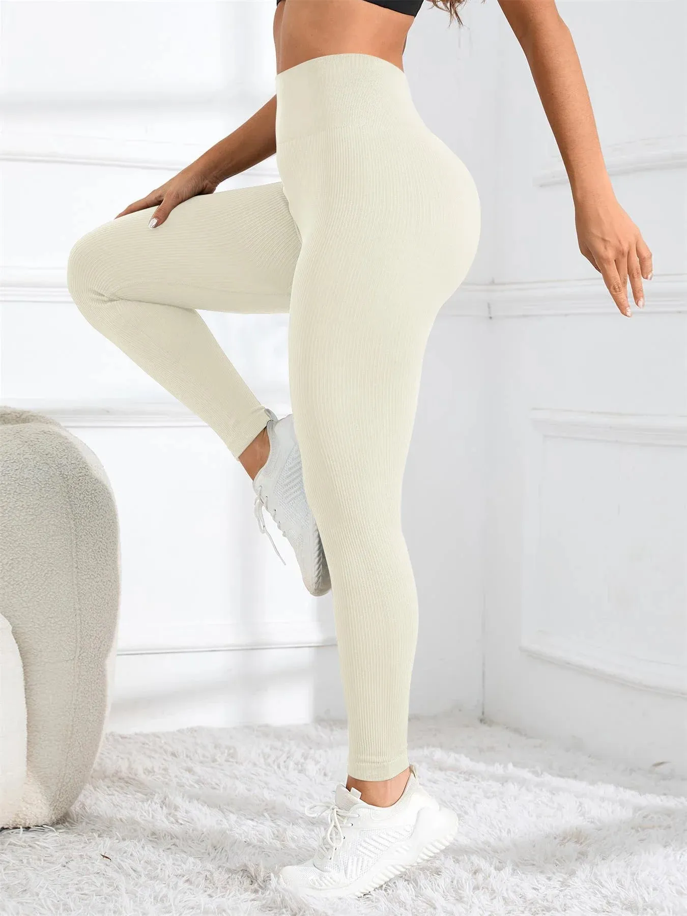 High Waisted Seamless Yoga Leggings, Ribbed Sports Tights, Women’s Fitness & Casual Wear