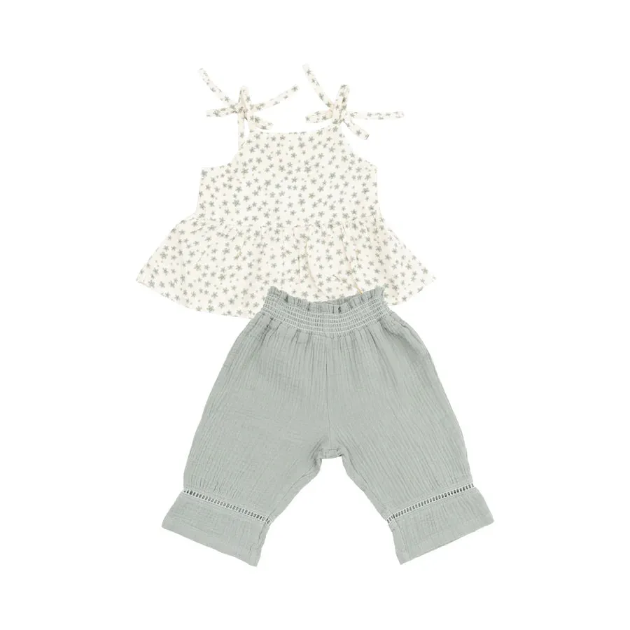 Jadeite Simple Floral Tank & Smocked Pant Set