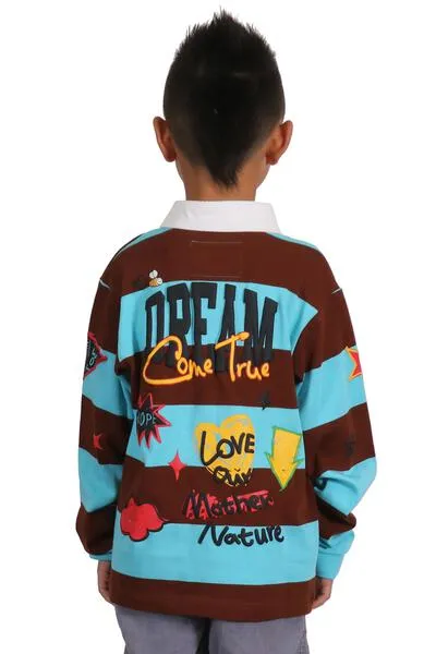 JORDY Kid's Long Sleeve Polo Shirt With Heavy Print Effects & Patch Works