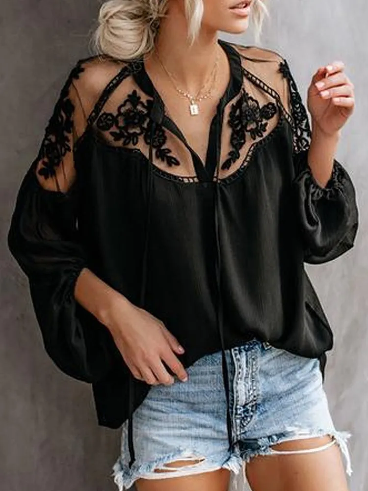 JuliaFashion - 2024 Women Embroidery Patchwork Casual Long Sleeve Chiffon Blouse