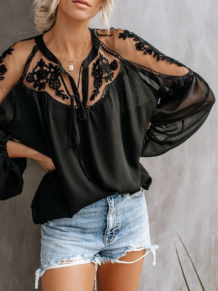 JuliaFashion - 2024 Women Embroidery Patchwork Casual Long Sleeve Chiffon Blouse