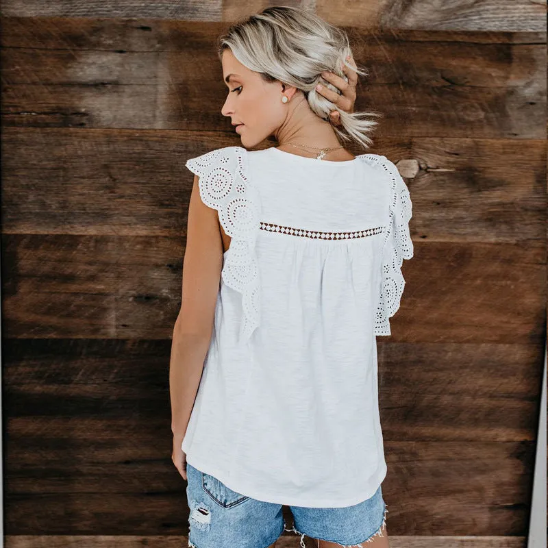 Lace Round Neck Short Sleeve Blouse