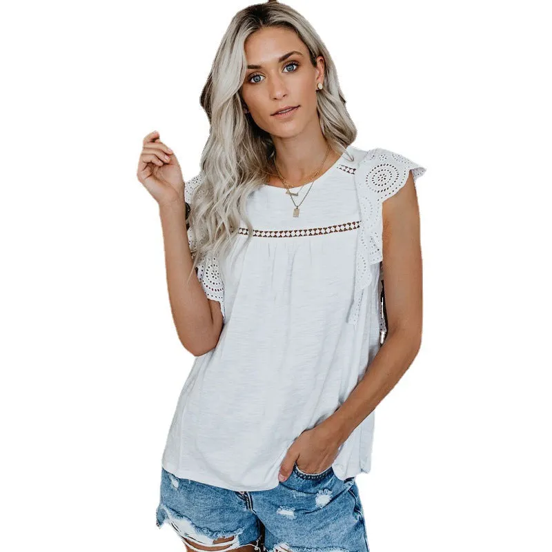 Lace Round Neck Short Sleeve Blouse