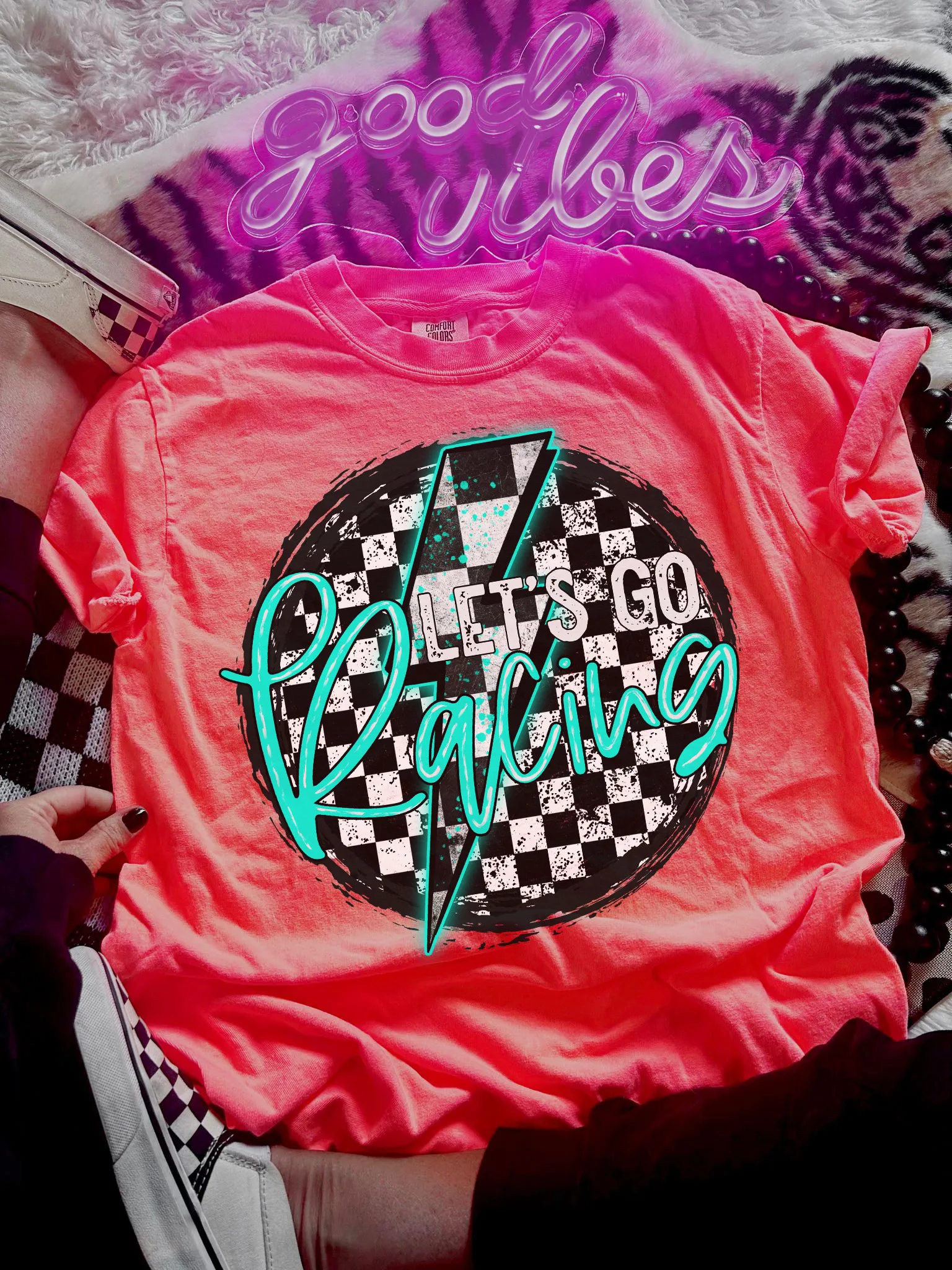 Let’s go Racing checkered graphic tee comfort colors // checkered shorts sold separately