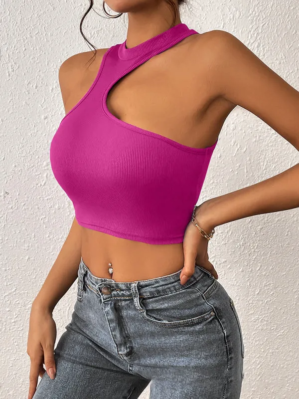 Lindy Women's Knitted Round Neck Cropped Asymmetrical Crop Tank Top